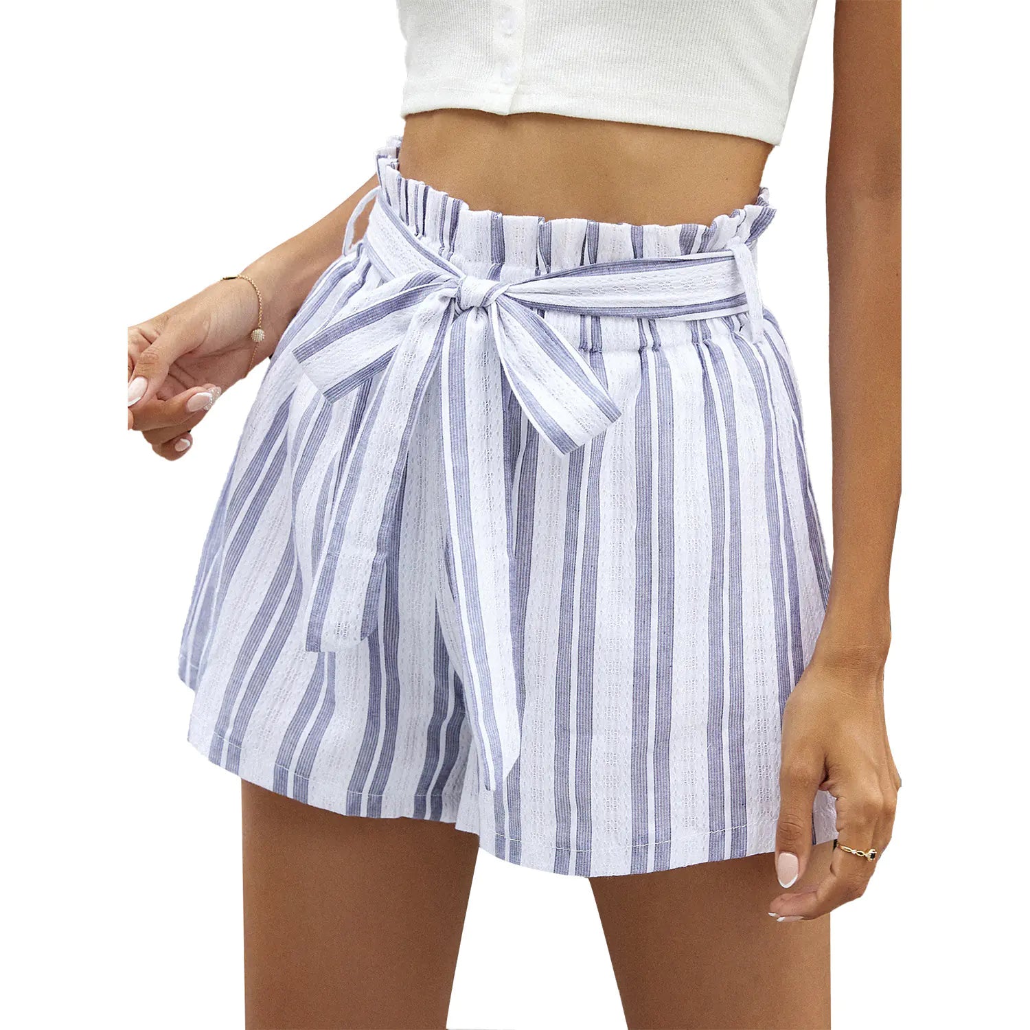 High Waist Belted Striped Wide Leg Women's Shorts