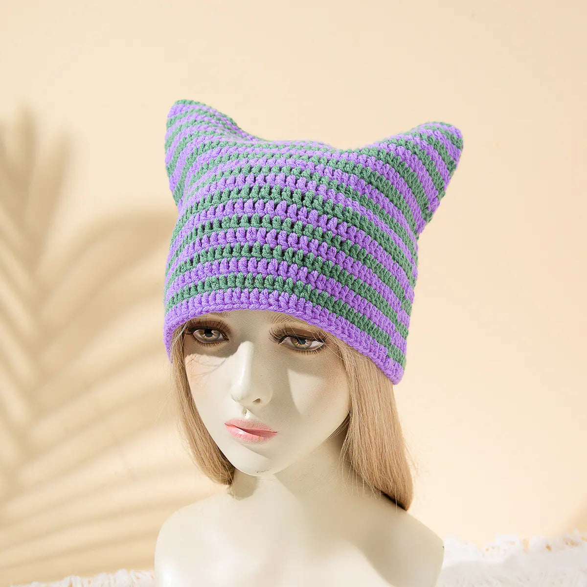 Women's Japanese Striped Knitted Cat Ears Cap