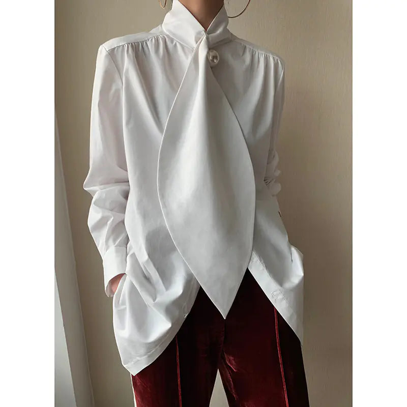 Pearl Scarf Collar White Shirt for Women