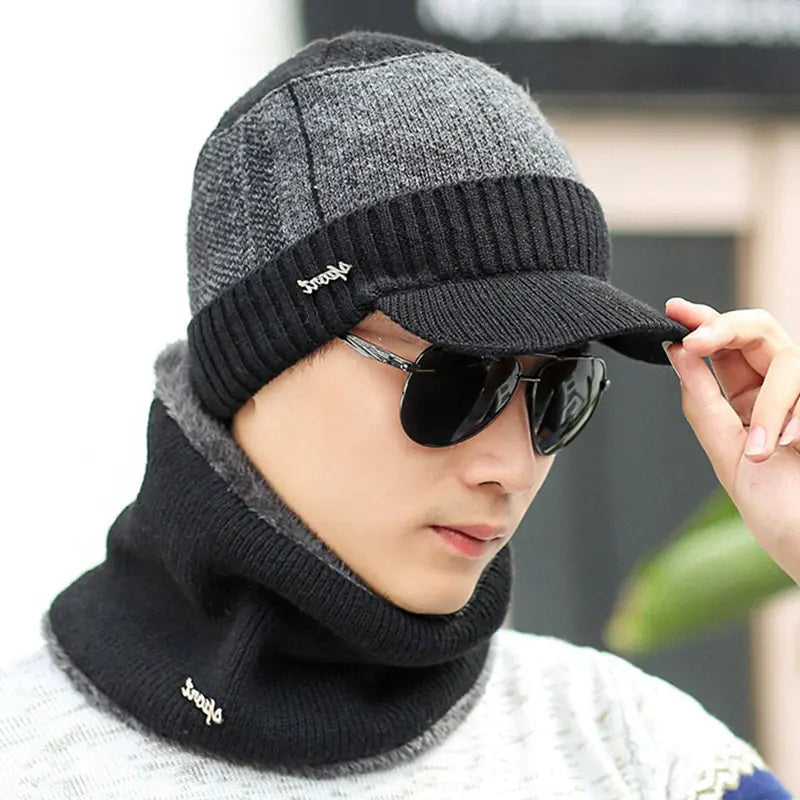 Men's Winter Knit Earflap Cap with Neck Warmer