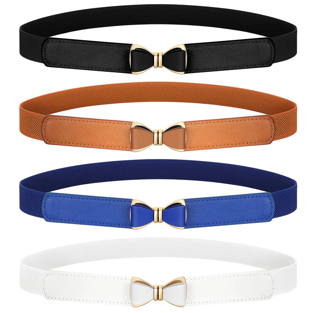 SUOSDEY 4 Pack Women Skinny Elastic Waist Belt Stretchy Thin Bow Belt Fashion Ladies Belt for Dresses Skirts Christmas Belt