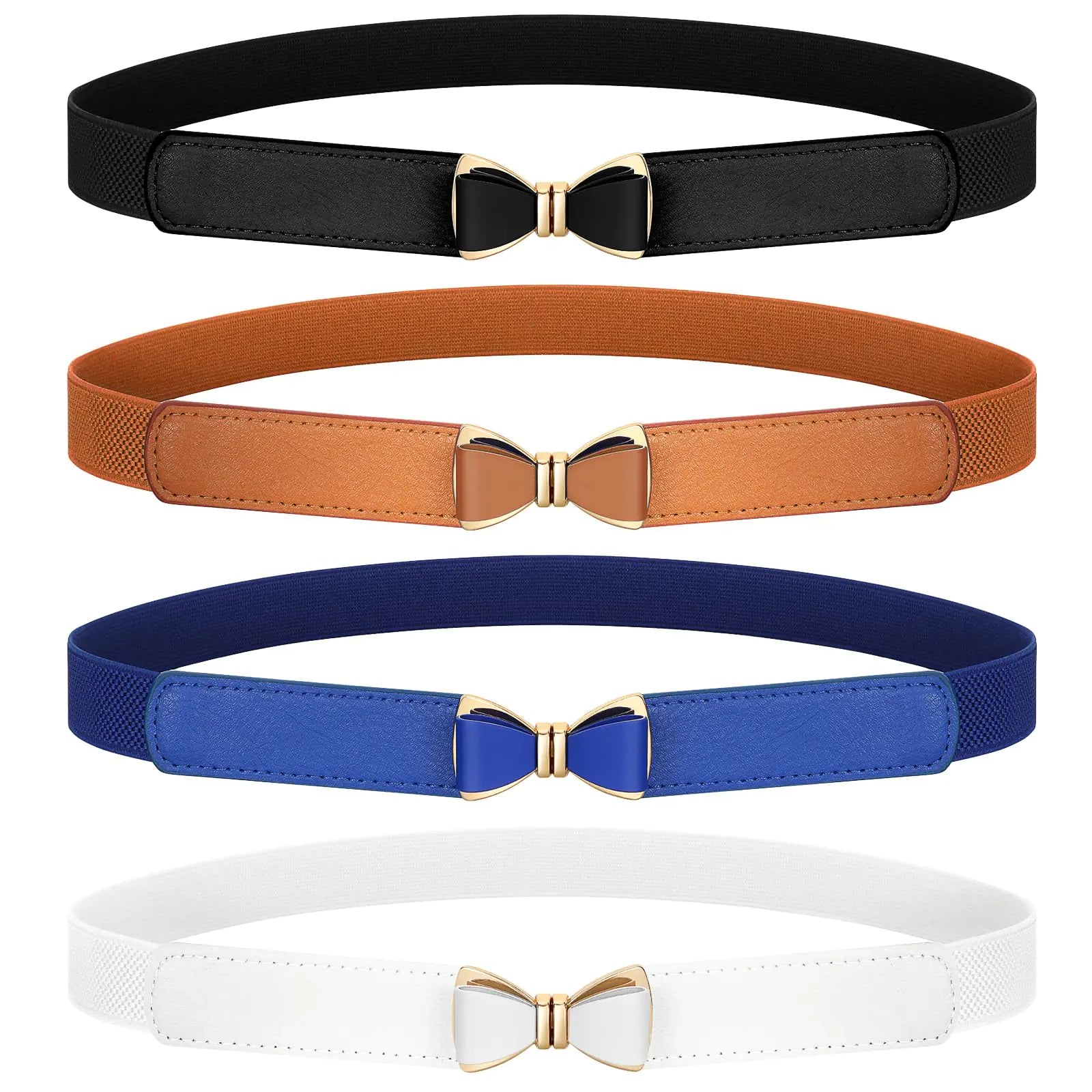 SUOSDEY 4 Pack Women Skinny Elastic Waist Belt Stretchy Thin Bow Belt Fashion Ladies Belt for Dresses Skirts Christmas Belt