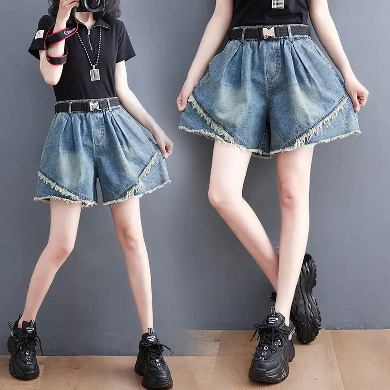 Korean Style Women's Denim Stitching Washed Shorts