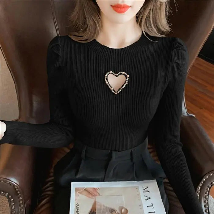 Hollow Heart Beaded Knitted Shirt for Women
