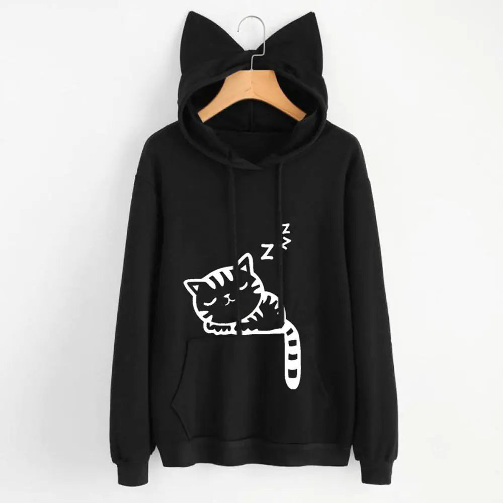 Loose Fleece Printed Cat Hoodie for Women