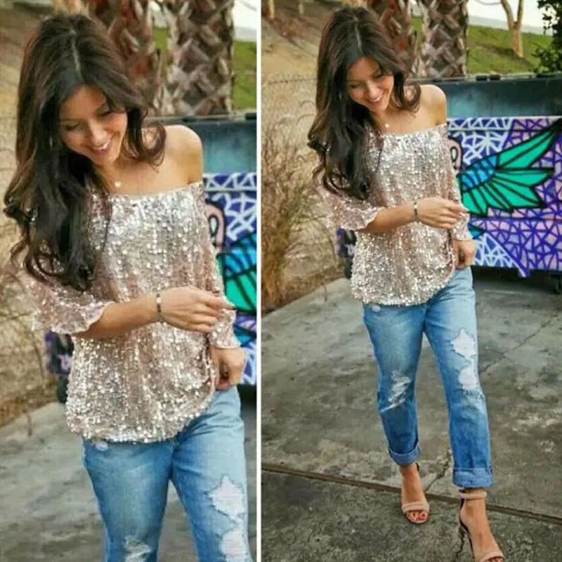 Stylish Sequin Off-Shoulder T-Shirt for Women